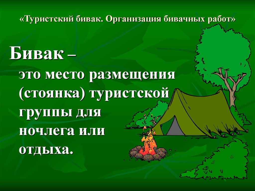 Презентация на тему обеспечение безопасности при выборе места для бивуака